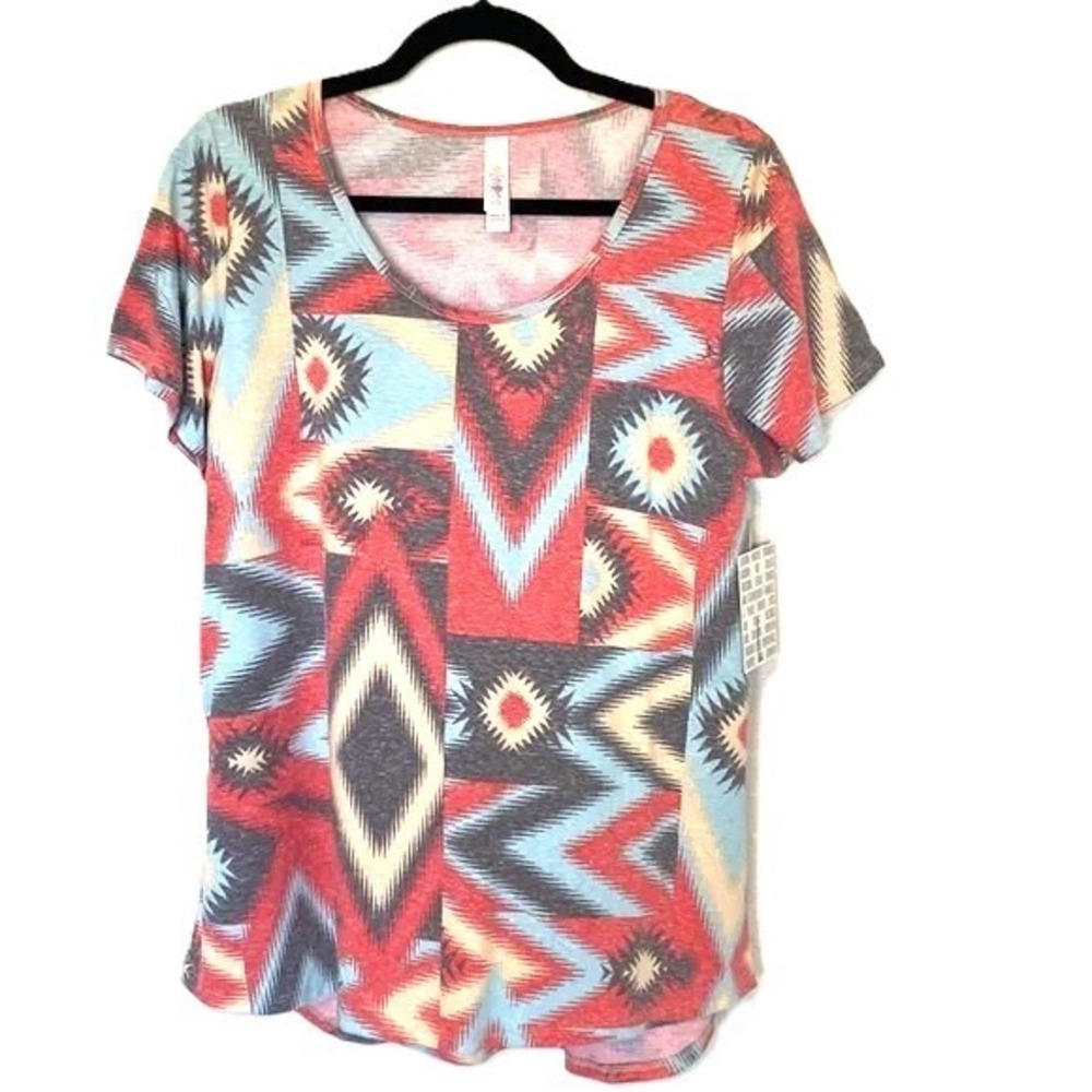 LuLaRoe Classic T Shirt Large Multicolored Geometric Red Blue Black Tan NWT
